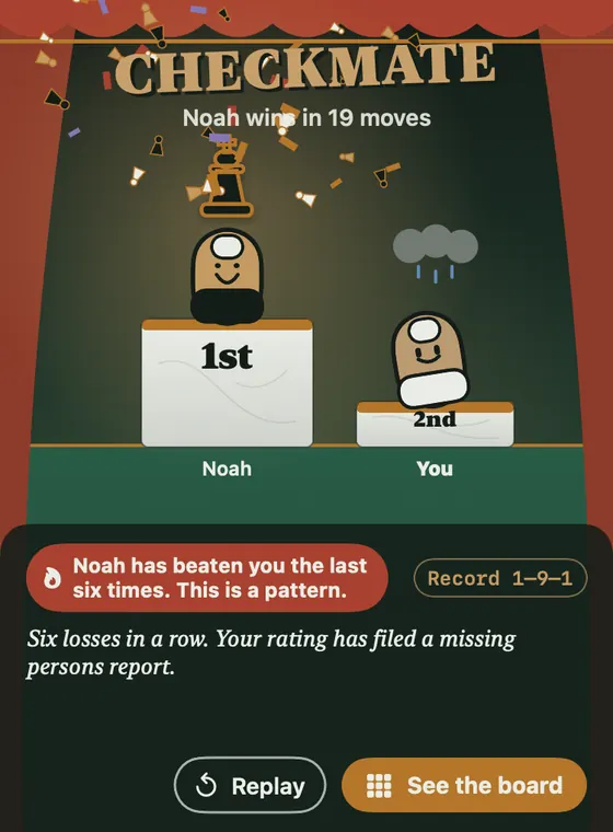 A ThumbBout chess end screen: a podium, a record of six losses in a row and a line from the House.